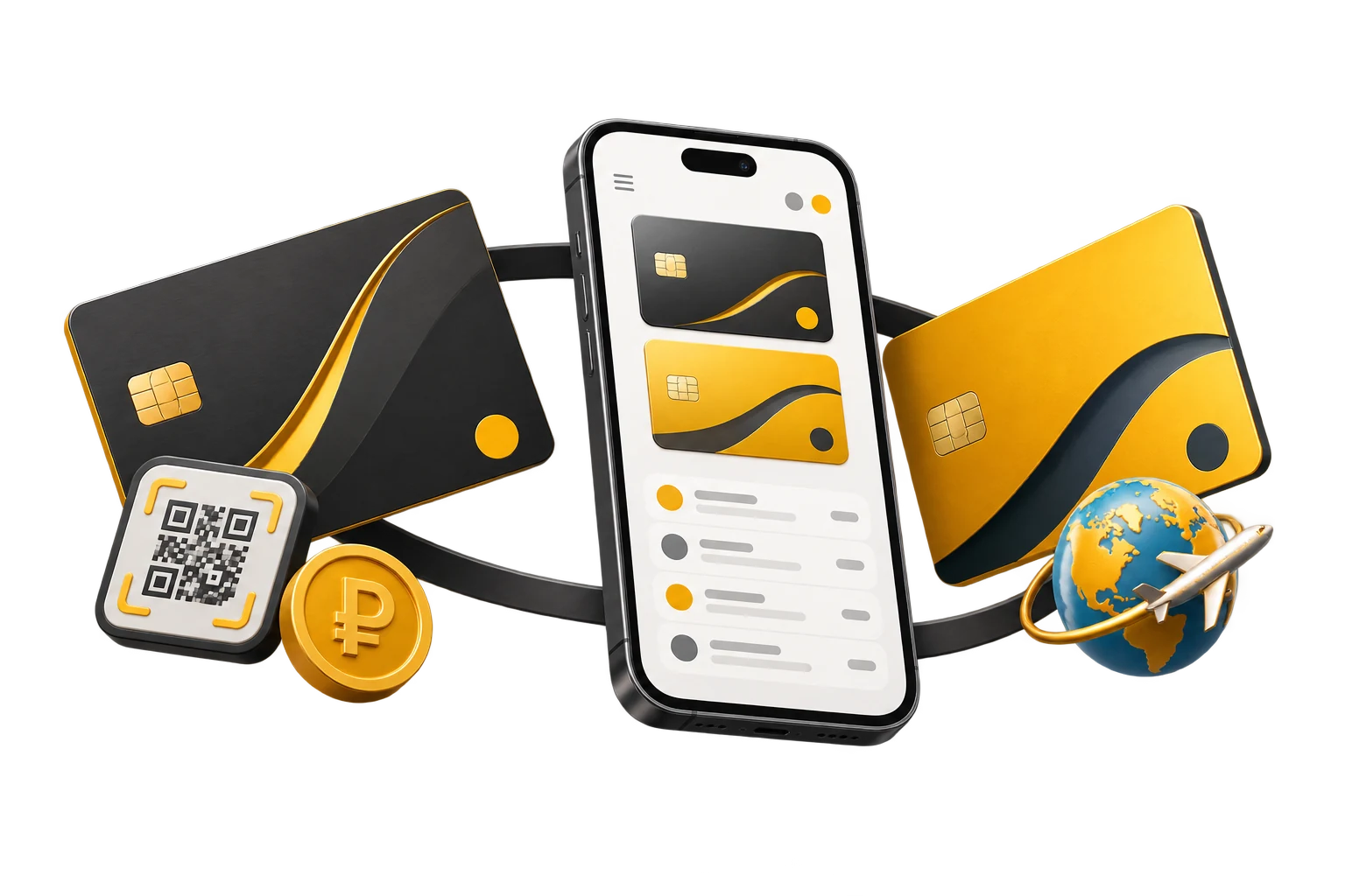 Две карты, QR, знак рубля, глобус и общий интерфейс в смартфоне